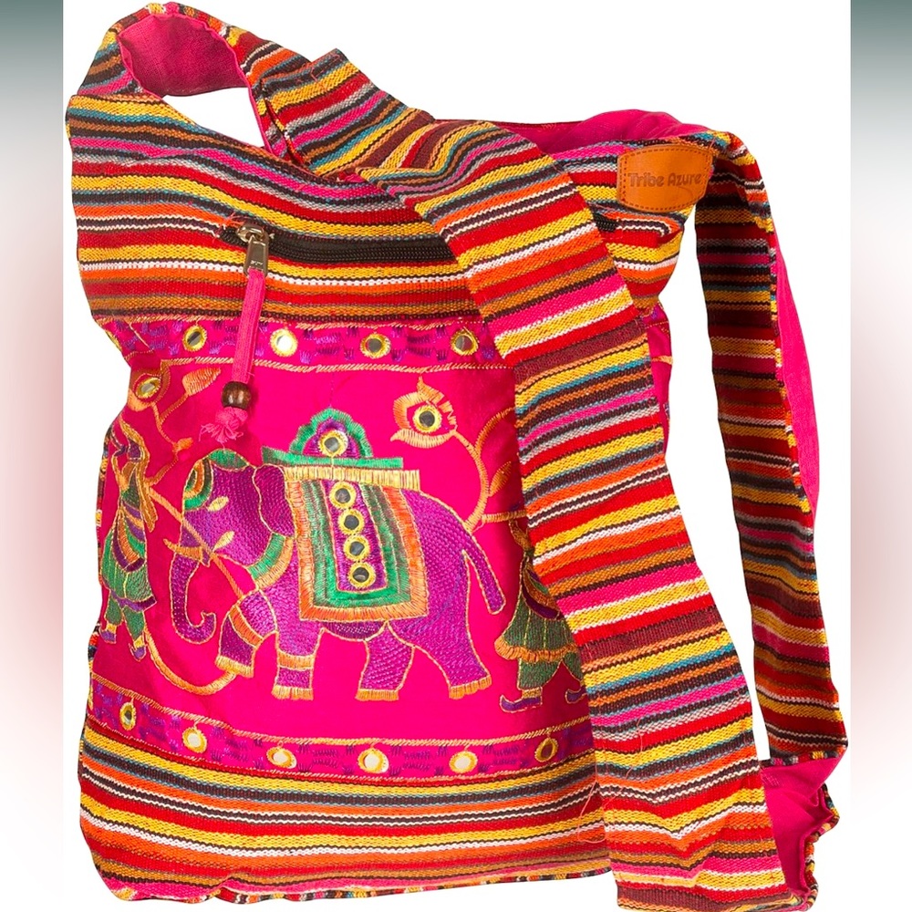 EUC Tribe Azure Handmade Embroidered Elephant Boho Bohemian Hippie Tote Bag